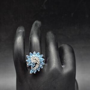 Blue Glass Rhinestone Spiral Ring Size 7 Cocktail Costume Jewelry